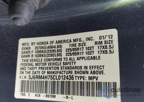 2012 Honda Cr-V Ex-L z USA, uszkodzony, nr VIN 5J6RM4H75CL012436